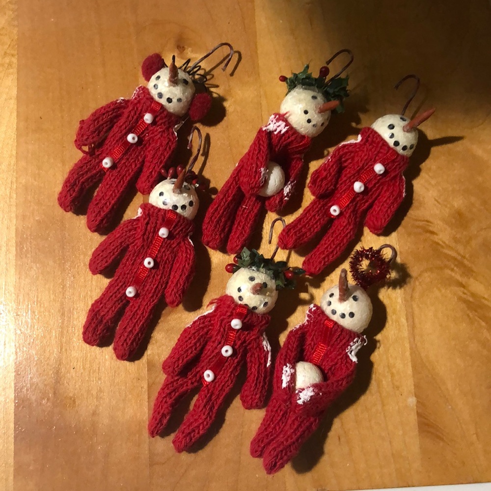 Set of six primitive snowman ornament in red knit pajamas